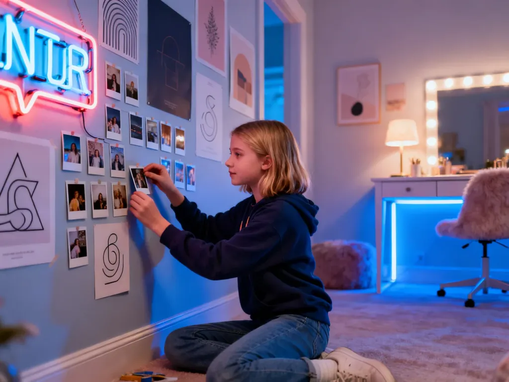 Nastolatka dekoruje ścianę w swoim pokoju za pomocą neonów, zdjęć typu polaroid i minimalistycznych plakatów.