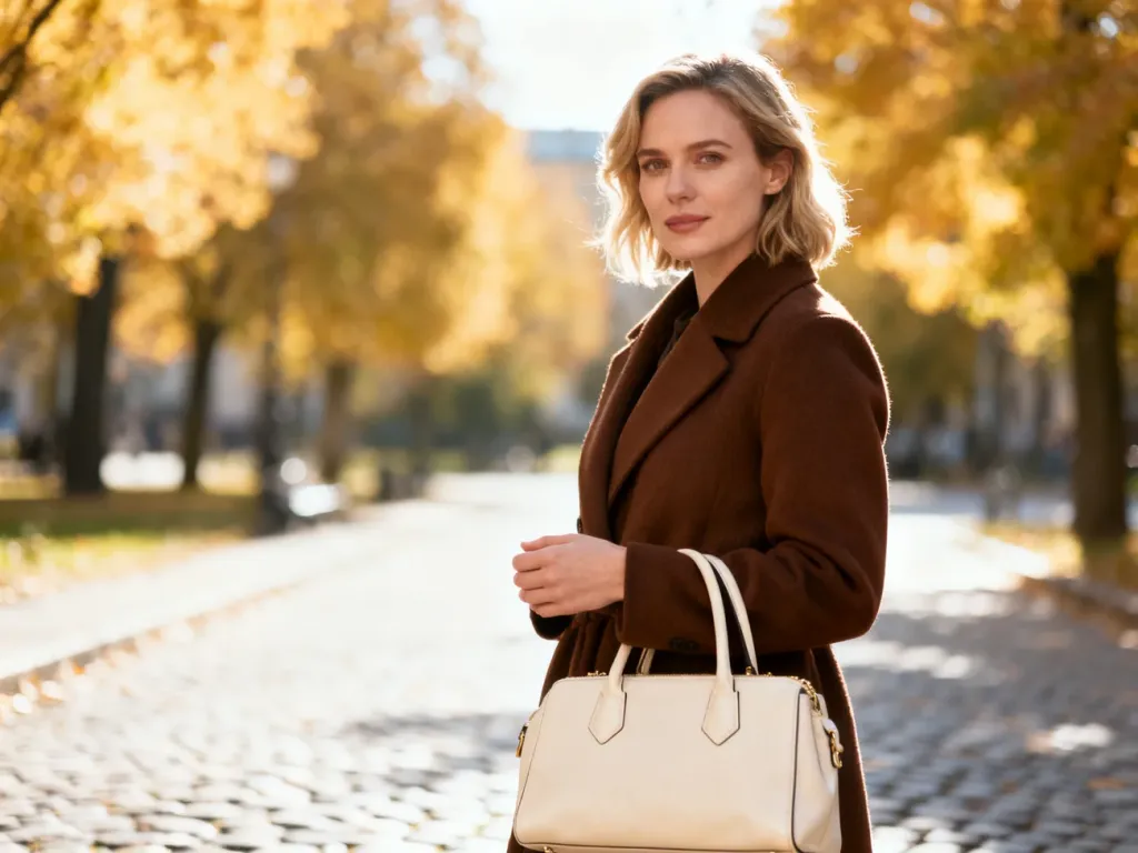 Kobieta w czekoladowym płaszczu i z kremową torebką w jesiennym parku, prezentująca eleganckie połączenie kolorystyczne.